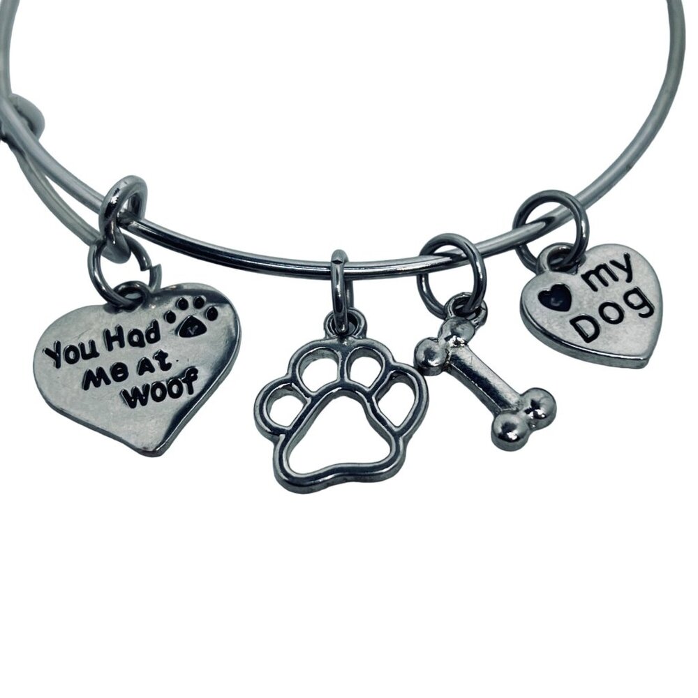 Silver Tone You Had Me At Woof And Love My Dog Charms Bangle Bracelet  (5501) - Picture 2 of 4